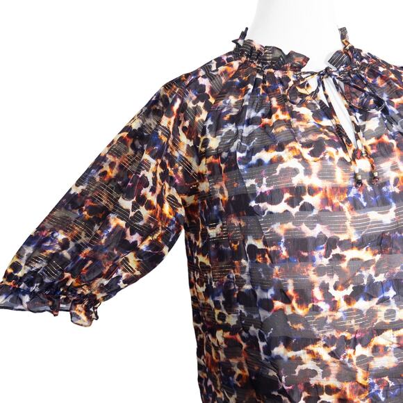MARIE OLIVER Animal Print Metallic Stripe Short Sleeve Blouse Black Orange Small - Picture 5 of 9